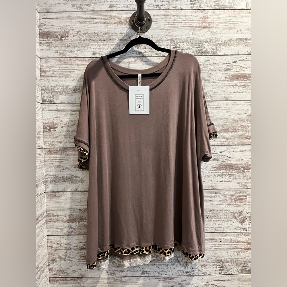 Celeste Taupe Top with Animal Print Trim 3X